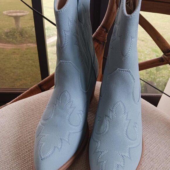 🆕Women Blue Faux Leather Ankle Cowgirl Pull-On Pointed Toe Short Western Boots - Picture 1 of 11